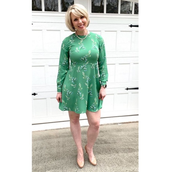 Ann Taylor LOFT Floral Long Sleeve A-Line Mini Dress Boho Green 6 - Picture 12 of 12